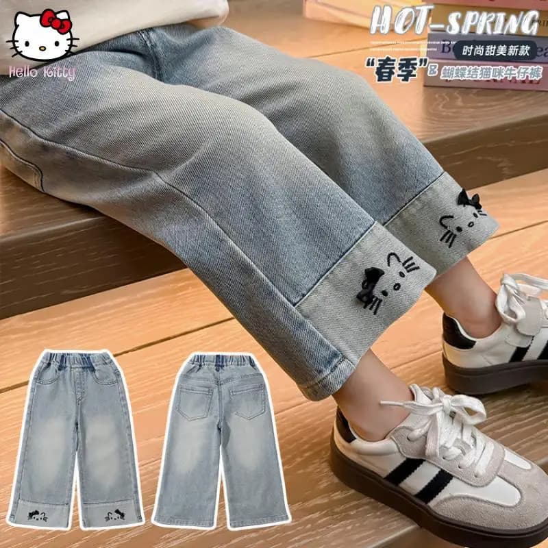 Jeans Kawaii Hello Kitty per Bambine, Nuovi Pantaloni Larghi Autunnali con Ricami Anime Cartoon alla Moda, Comodi e Casual