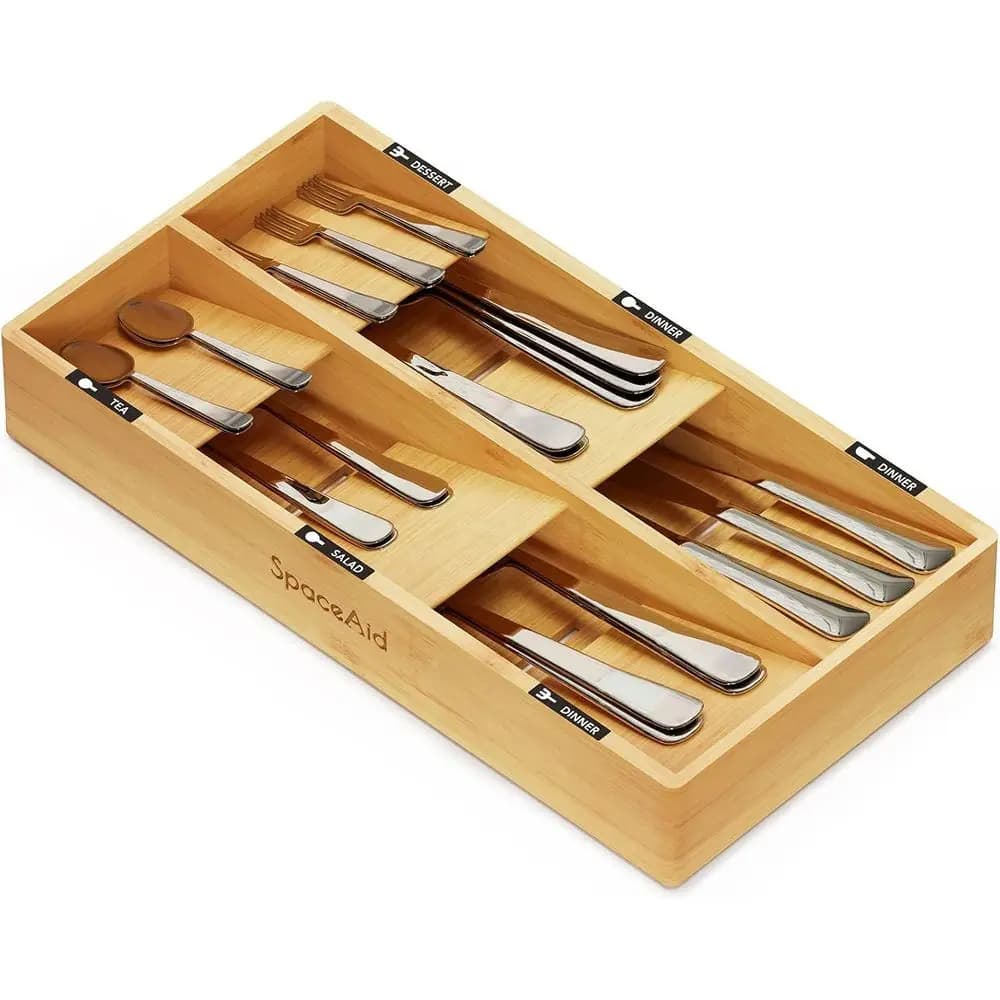 Natural Bamboo Utensil Organizer with 6 Compartments for Kitchen Cutlery, Spoons, and Knives