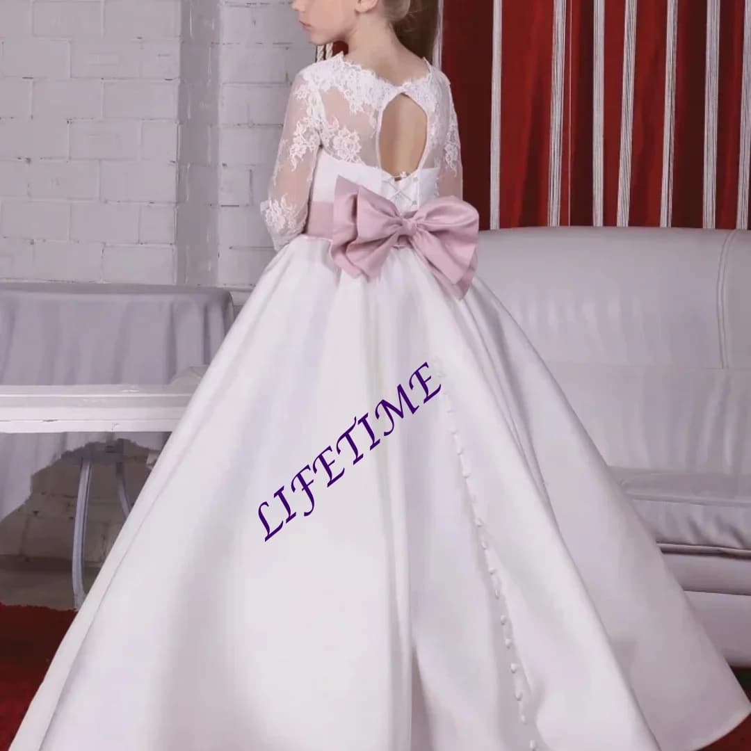 Abito Elegante Personalizzato in Pizzo Sartin con Schiena Scoperta, Maniche 3/4 e Fiocco per Damigella, Matrimonio, Compleanno, Prima Comunione
