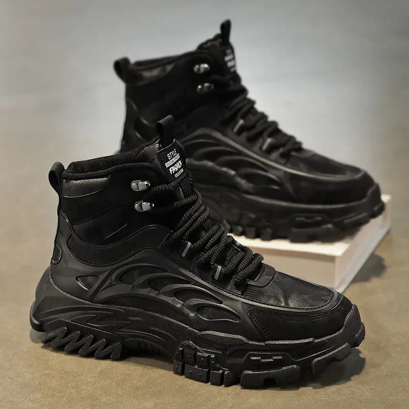 Stivali da Uomo Alti alla Caviglia Impermeabili in Pelle Casual con Rialzo Antiscivolo per Esterni, Scarpe da Lavoro e Trekking con Plateau