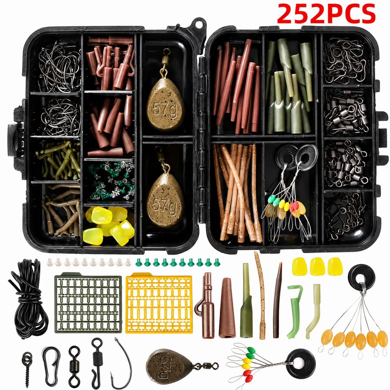 252PCS Carp Fishing Tackle Kit European Style Terminal Tackle Set with Lead Sinkers Hooks Swivels Rig Accessories Storage Box