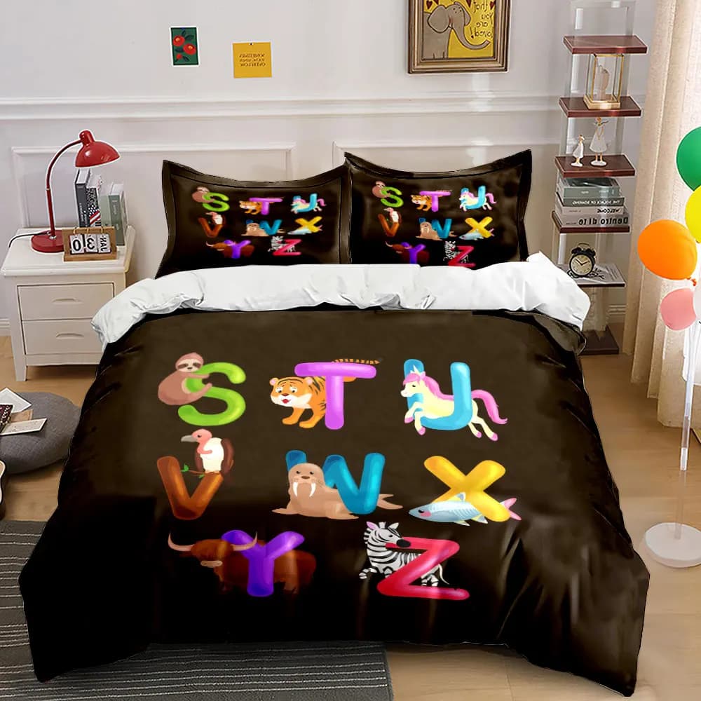 "Animal Alphabet Kids Learning Set" Bedding Set with 1 Duvet Cover 2 Pillowcases Single Double King Queen, Gift