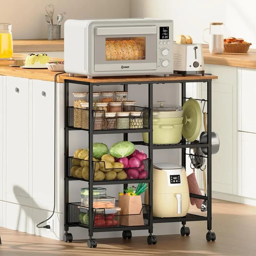 Rolling Kitchen Microwave Organizer Cart, Adjustable Shelves, Black | Kitchen Island Storage Cart with Lockable Wheels, 27.75L ×