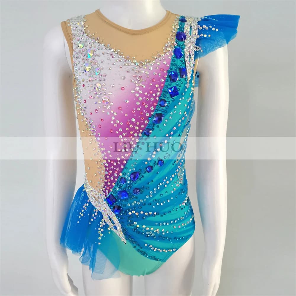 LIUHUO Personalizza Costume da Donna Ragazza Performance Ginnastica Ritmica Body Concorso Pattinaggio su Ghiaccio Vestito Blu Cheerleader