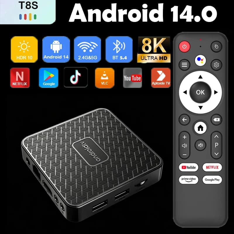 Box TV Android 14 Smart con Rockchip RK3518 T8S, Wifi6, Assistente Google, Video 8K, Bluetooth 5.4, Lettore Multimediale, Nuovo Set-Top Box Ultra Veloce