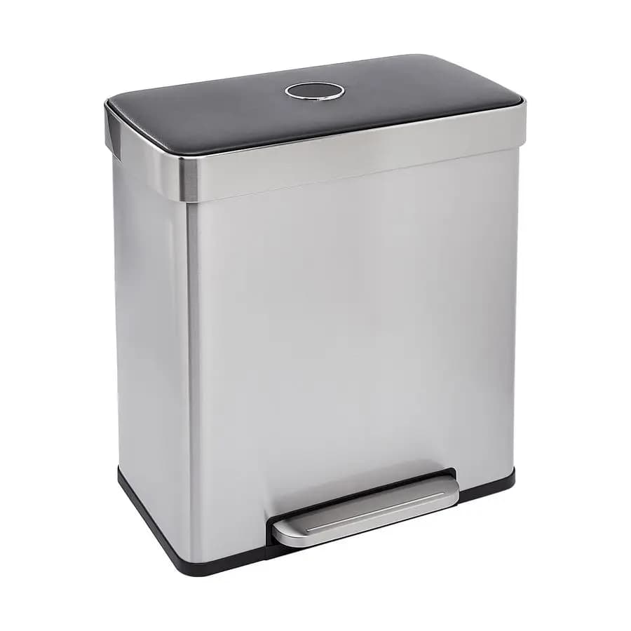 Pattumiera per riciclaggio a doppio scomparto con coperchio SoftClose e secchielli con rivestimento rimovibile, 60 litri, rettangolare, grigio, argento
