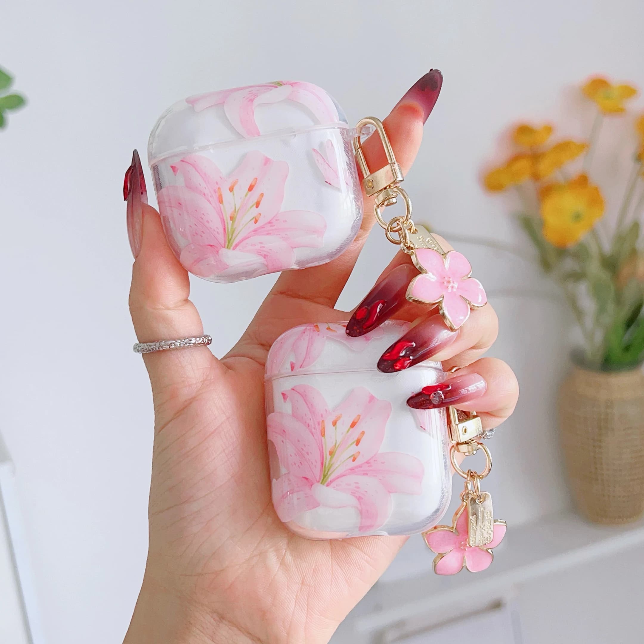 Headphone case with pink lily flowers for AirPods 4th 1 2 3 with soft protective case with white flower for AirPods Pro 2 Cover