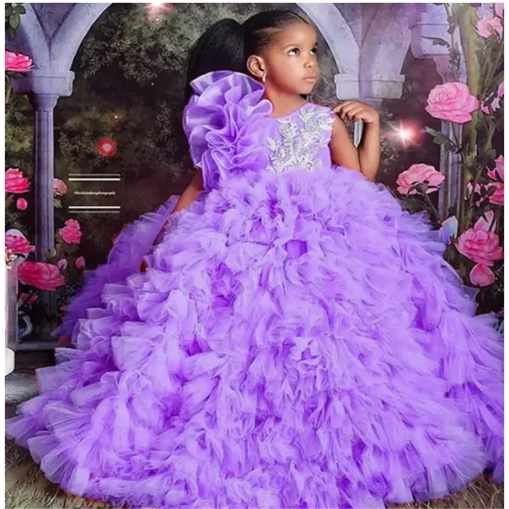 Abito da ragazza di fiore per matrimonio Abito da prima comunione in tulle viola di lusso con applicazioni gonfie in organza per bambina