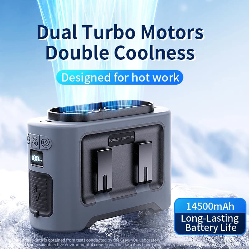 Ventilatore Portatile da Esterno Socoolfan, da Appendere a Collo o Vita, con Doppia Ventola Potente e Display Digitale LED, per Viaggi e Sport, 14500mAh