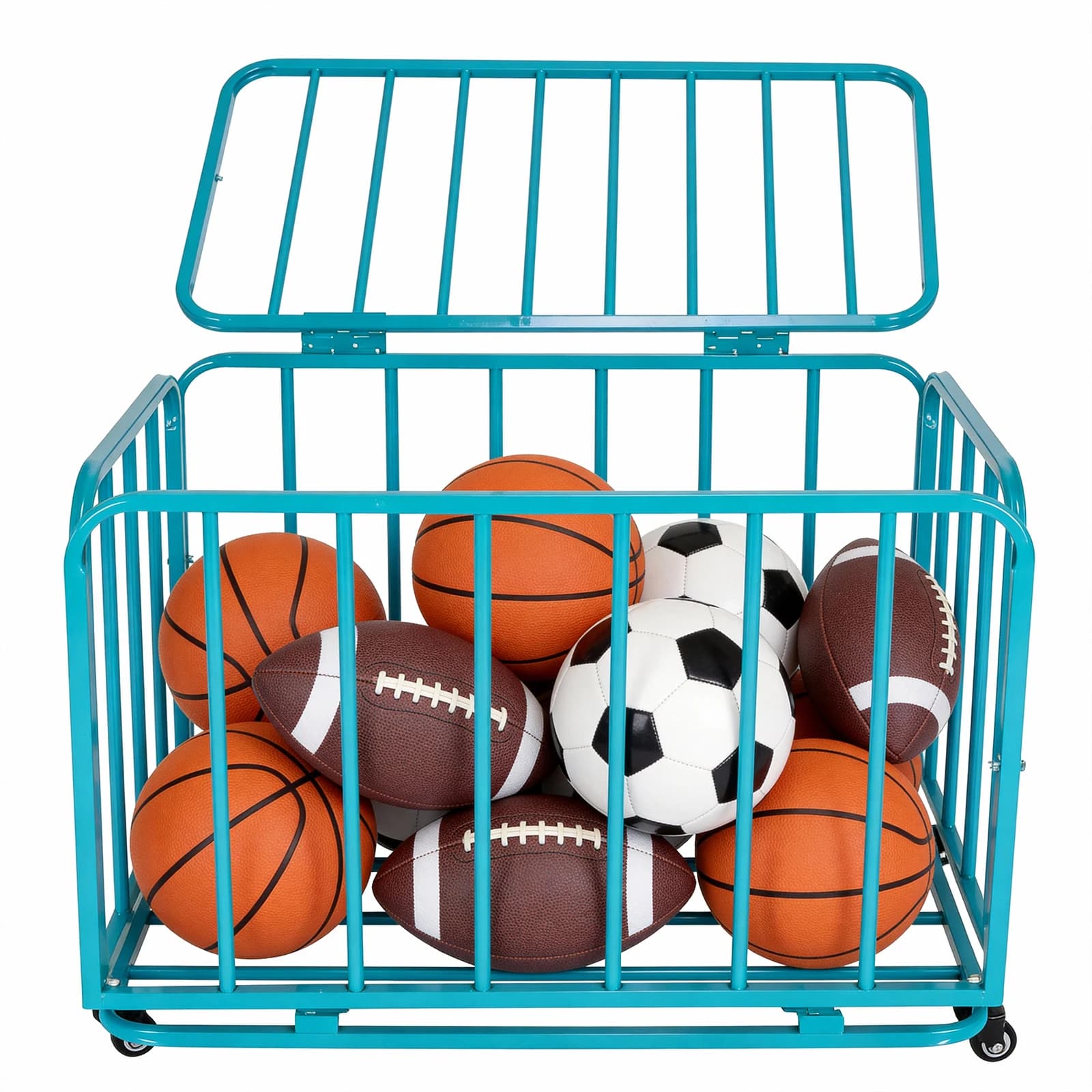Scaffale Pieghevole per Palloni con Ruote e Coperchio, Organizzatore per Attrezzature Sportive, Cesto Portaoggetti per Garage, Scuola, Asilo