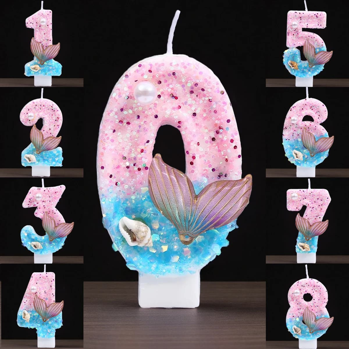 Candele Digitali Creative a Forma di Conchiglia Blu Sfumato con Perle - Decorazioni per Torte e Forniture per Feste