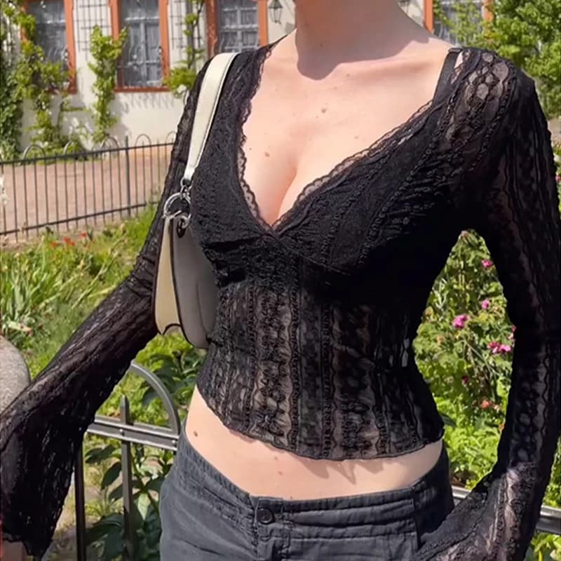BKLD 2026 Summer Lace See-Through Sexy V-Neck T Shirts For Women Long Sleeved Slimming Black Fashion Cropped Tops Daily Clothing