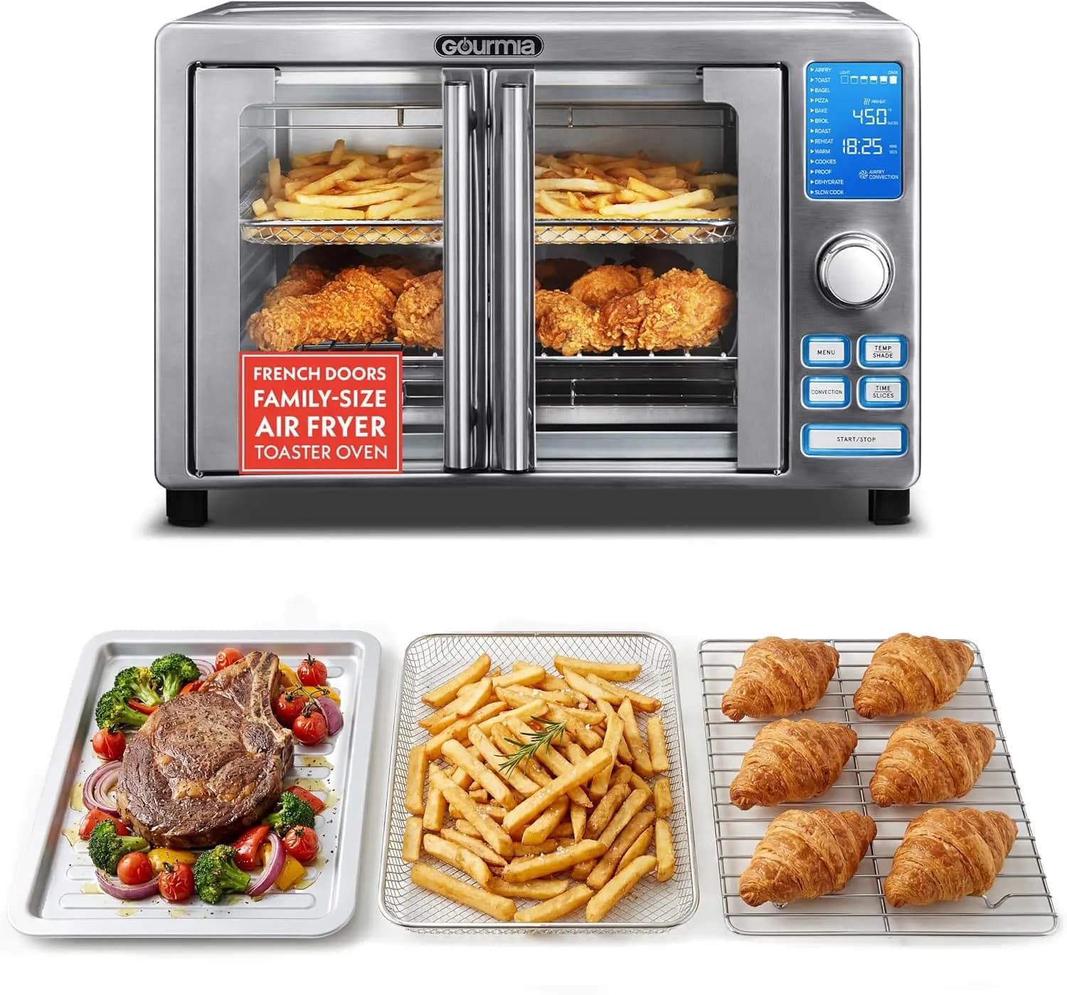 French Door Air Fryer Toaster Oven, 6-Slice Capacity, Stainless Steel, LED Display with 14 Cooking Presets