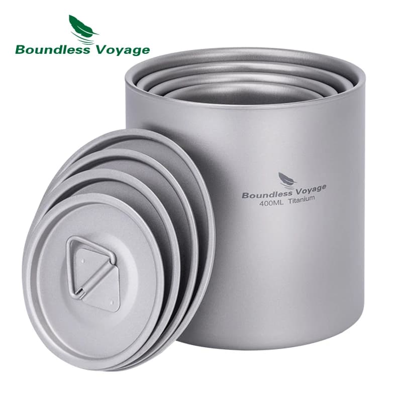 Boundless Voyage Titanium Double Walled Cups with Lid Stackable Metal Tea Coffee Drinking Mug Outdoor Portable Drinkware