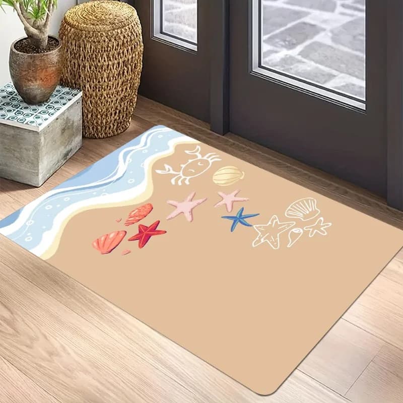 Minimalist Cartoon Beach Starfish Crab Seashell Print Doormat Non Slip Rug Coastal Style Indoor Entry Home Decor Carpet