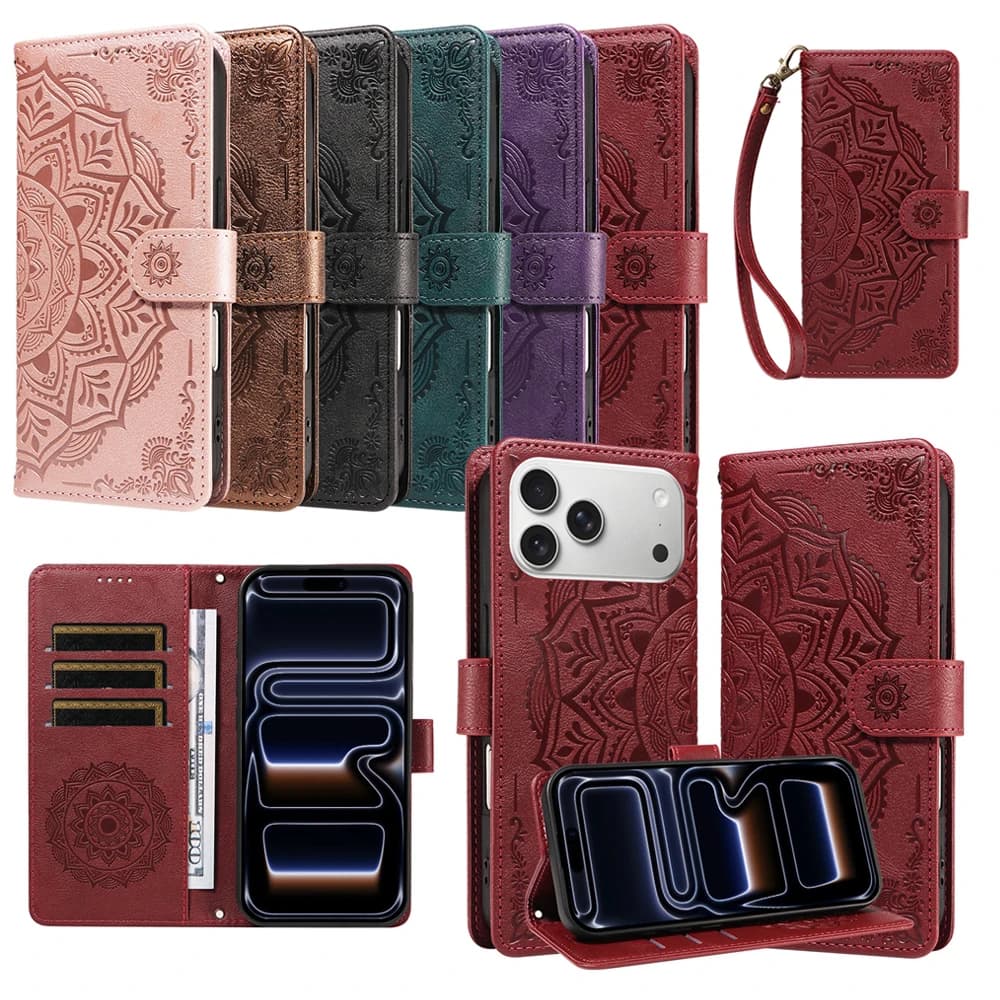 Custodia a Portafoglio Magnetica in Pelle con Mandala Floreale 3D Goffrato per iPhone 17 Air 16 17e 16e 15 14 13 12 Mini 11 Pro Max Plus Flip Cover