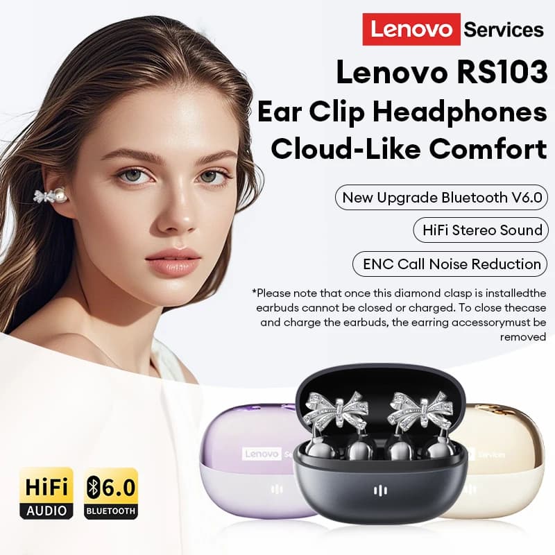 Nuovi auricolari Lenovo RS103 Wireless Bluetooth 6.0 con clip per l'orecchio 360 ° Cuffie con Audio Surround, 24 Ore di Autonomia, Auricolari con Microfono