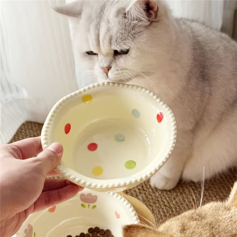 Raised Ceramic Pet Feeding Bowl Flower Design Wooden Stand Cat Water Food Bowl Protect Pet Neck Pet Supplies