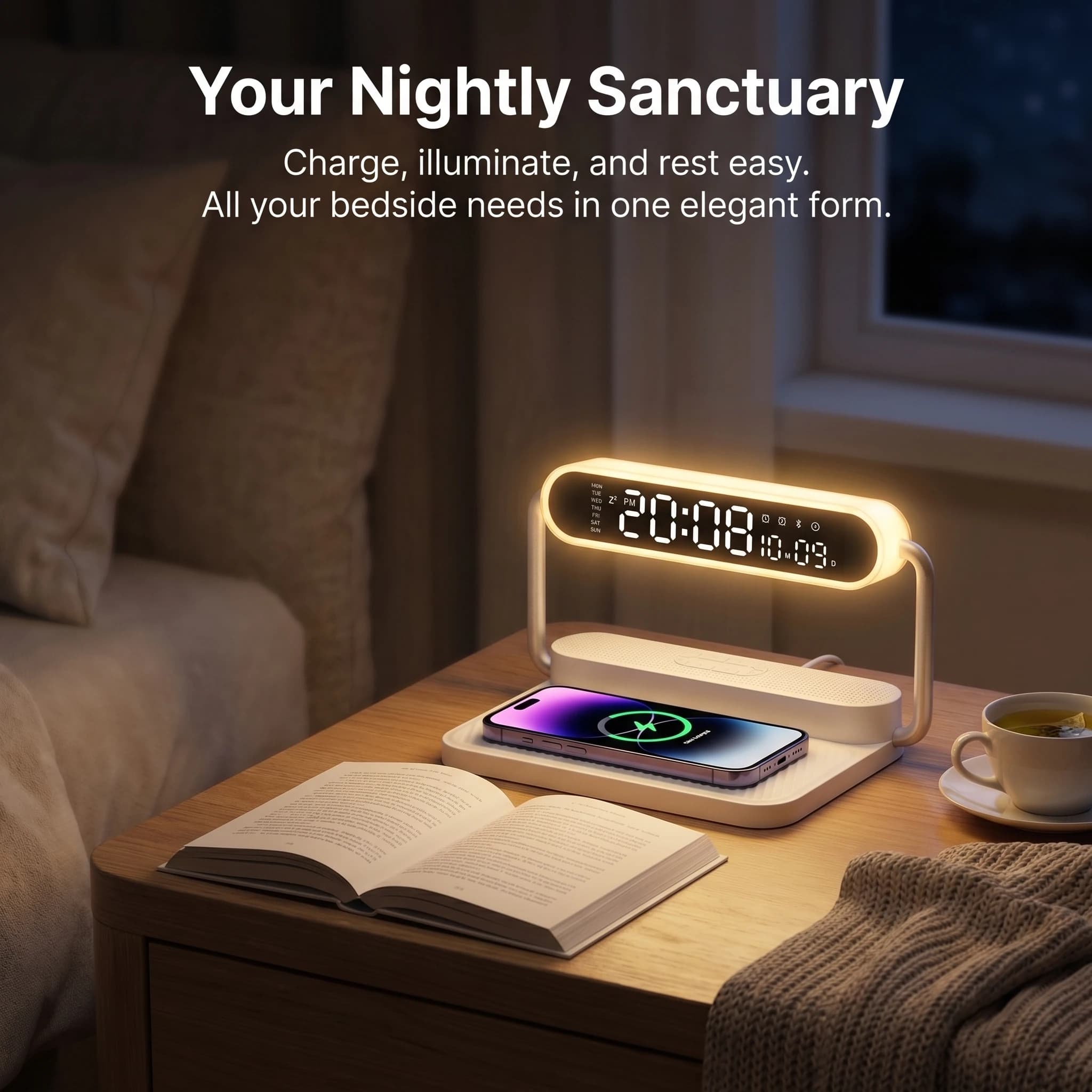 Sveglia Intelligente - Dispositivo Multifunzione 3-in-1 con Caricatore Wireless e Lampada da Comodino Dimmerabile a Tocco con Display Digitale Chiaro