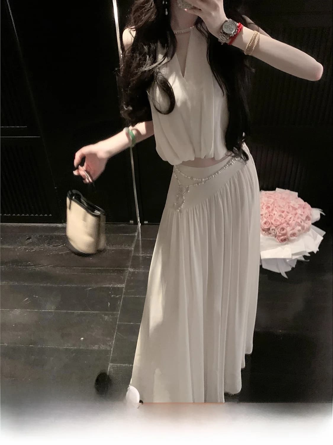 Sy Caroline Summer Outfit Women's Svel Chiffon Top And Midi Skirt Two-Piece Set Ele White Casual Spring Wear