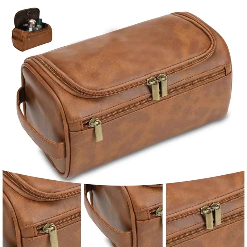 Leather Toilet Bag for Men and Women, Hanging Travel Kit, Large Cosmetic Bag for Travel