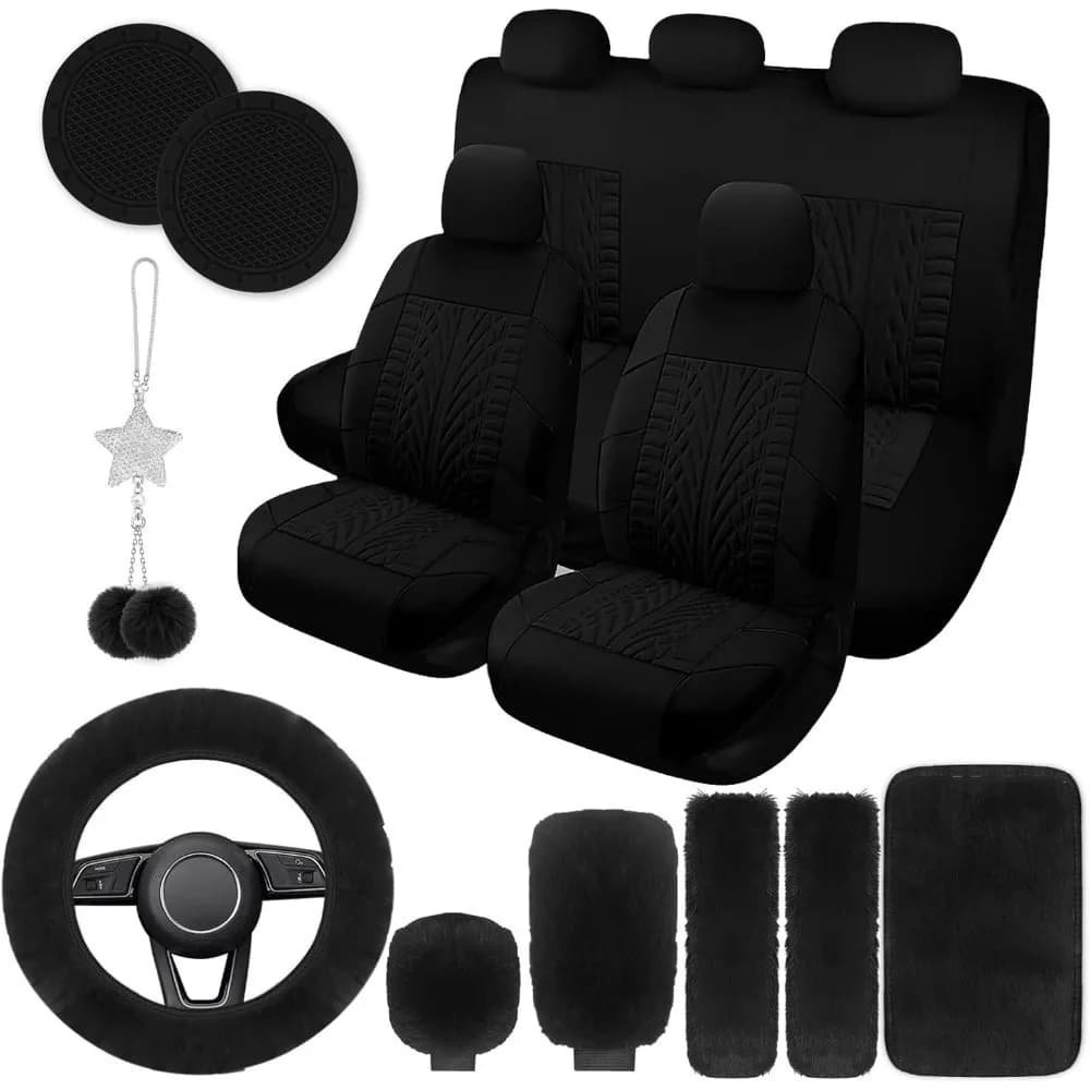 Coprisedili Universali in Peluche per Auto da Donna, Set Completo con Accessori per Volante e Leva del Cambio in Morbida Lana, Nero