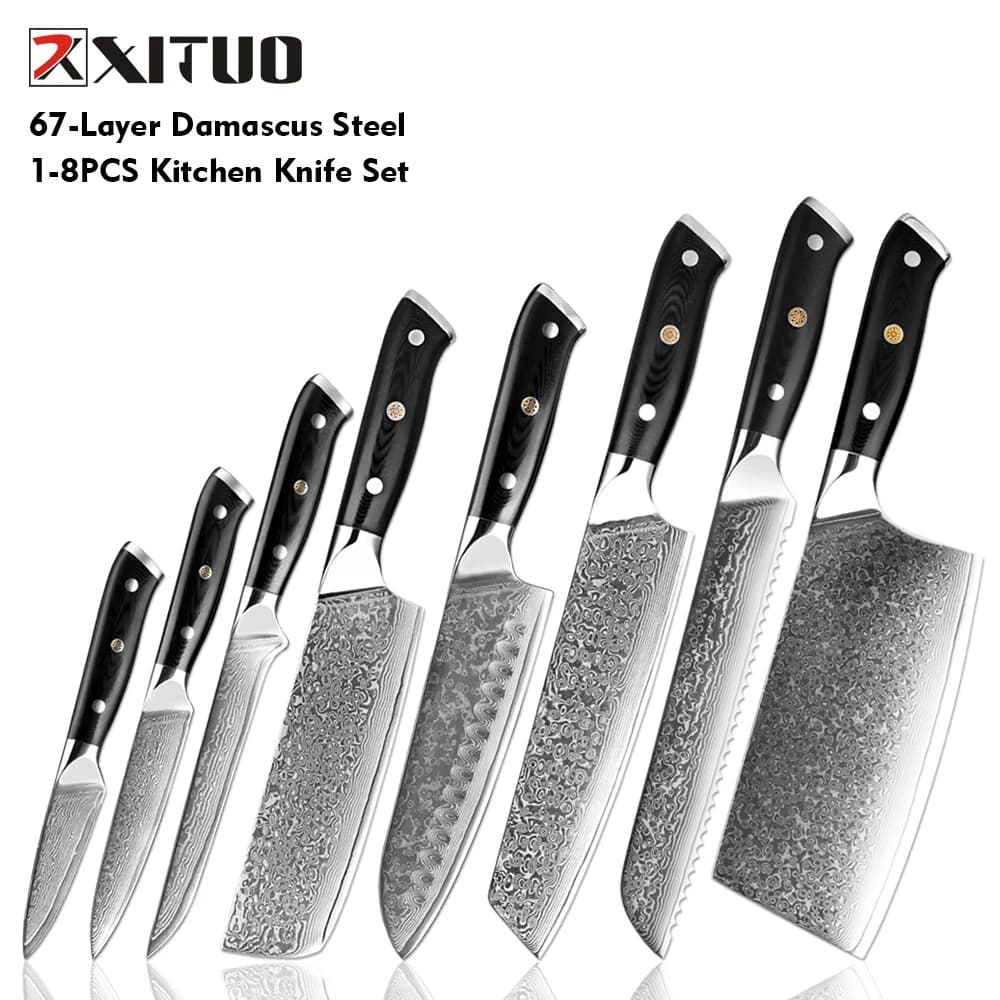 Set di coltelli da cucina giapponesi 1-8 pezzi, coltello da chef affilato in acciaio di Damasco Santoku, coltelli da pompaggio, pane, coltelli da imballaggio Manico G10 nero