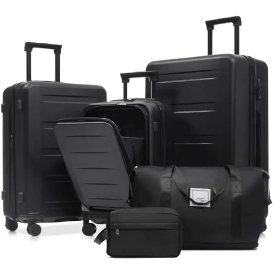 5-Piece Expandable Hardside Luggage Set with Spinner Wheels, USB Charging Port, and TSA Lock for Travel Black, Lightweight Poly