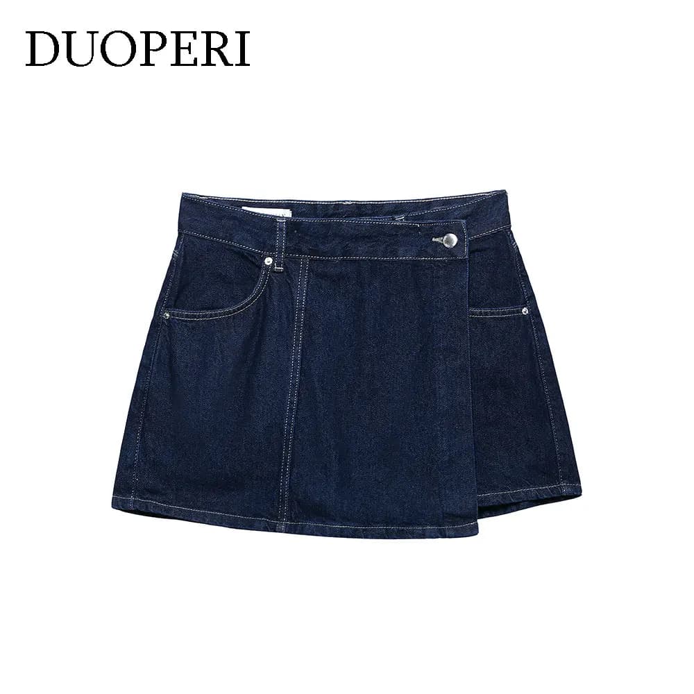 DUOPERI moda donna Y2K denim blu navy cerniera frontale minigonne gonne casual a vita alta pantaloncini da donna chic femminili