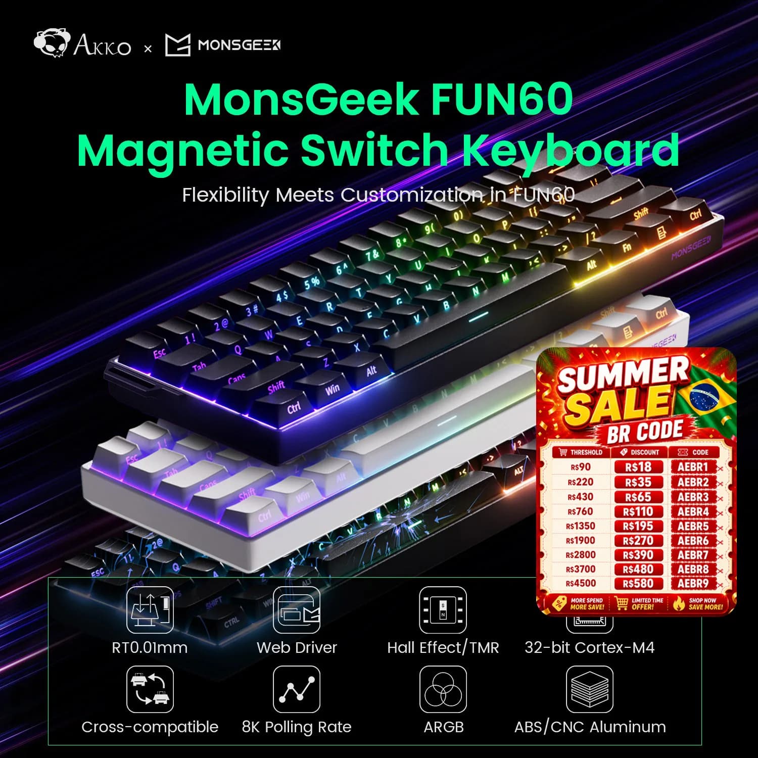 Akko MonsGeek FUN60 Mechanical Keyboard Magnetic Switch Keyboard 60% Quick Trigger 0.01mm 8K ARGB HE/TMR Custom Keyboard