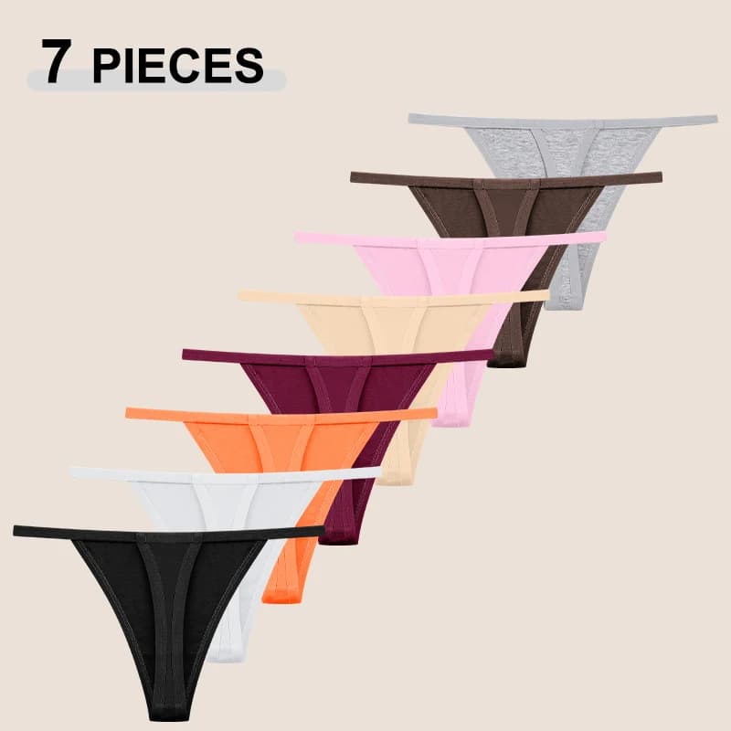 7PCS Solid Color Cotton Crotch Thong Panty Soft Comfortable T-back G-string Panties Ladies Breathable Low Rise Bikini Underwear