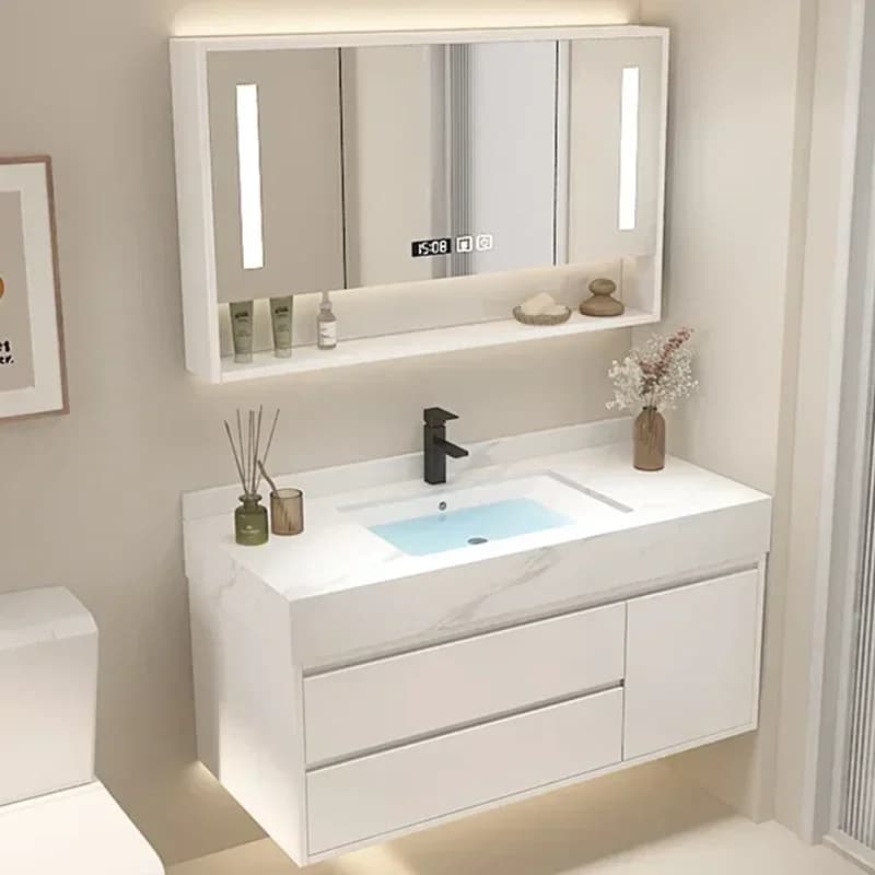 Mobile bagno estetico con lavabo, scrivania, cassetti e ripiani, mobiletto moderno per bagno, arredamento per la casa