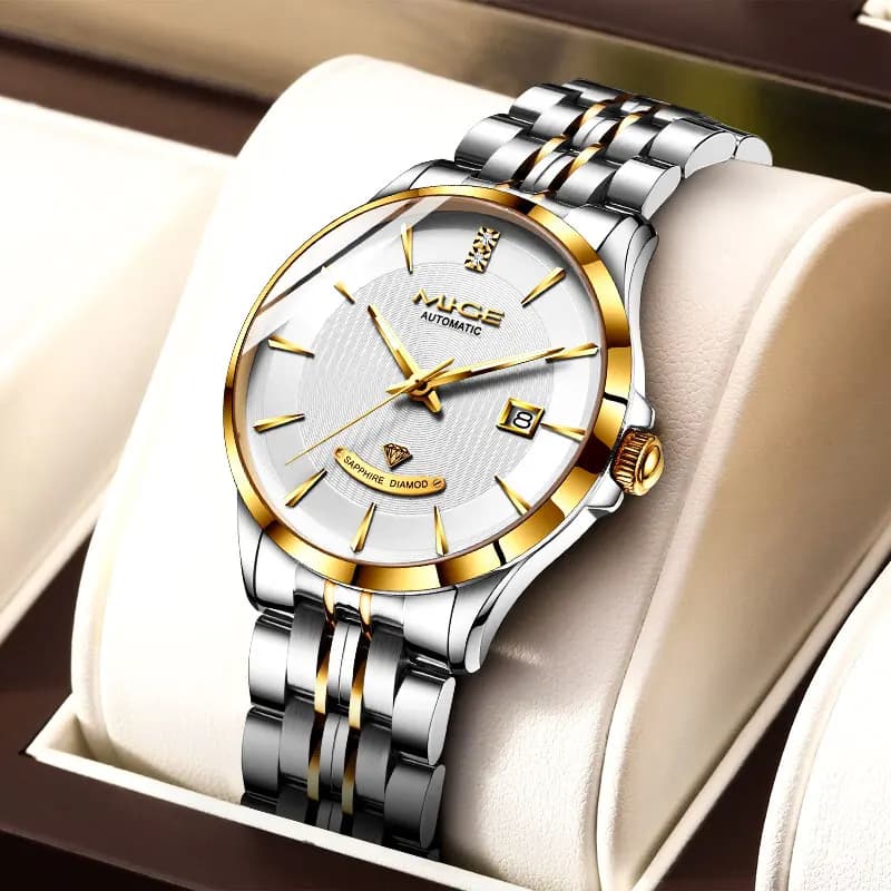 MIGE Men Self Winding Mechanical Watch Sapphire Glass Diamond Index Date Two-Tone Steel Band Waterproof Luxury Business Watch
