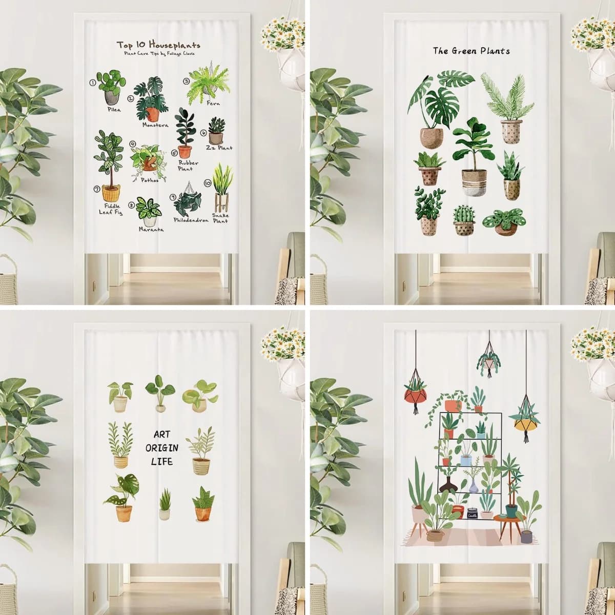 VIKAMA Green Plant Potted Noren Door Curtain, Botanical Print Partition Hanging Curtain Kitchen Bedroom Home Decor