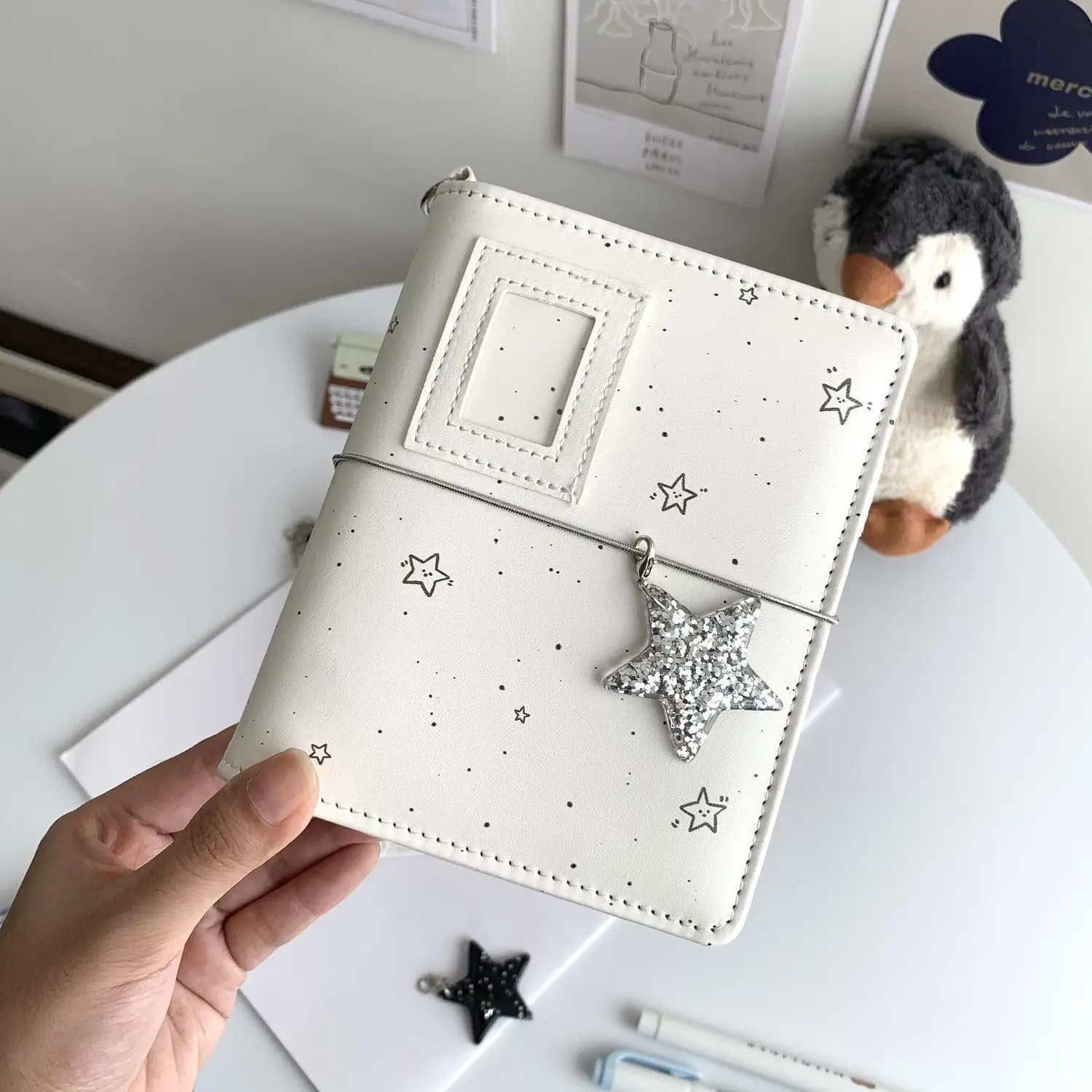 M5 White Star Loose Leaf Notebook Soft Leather Binder Portable Pocket Journal DIY Travel Diary Daily Planner Photo Album Notepad For Daily Use