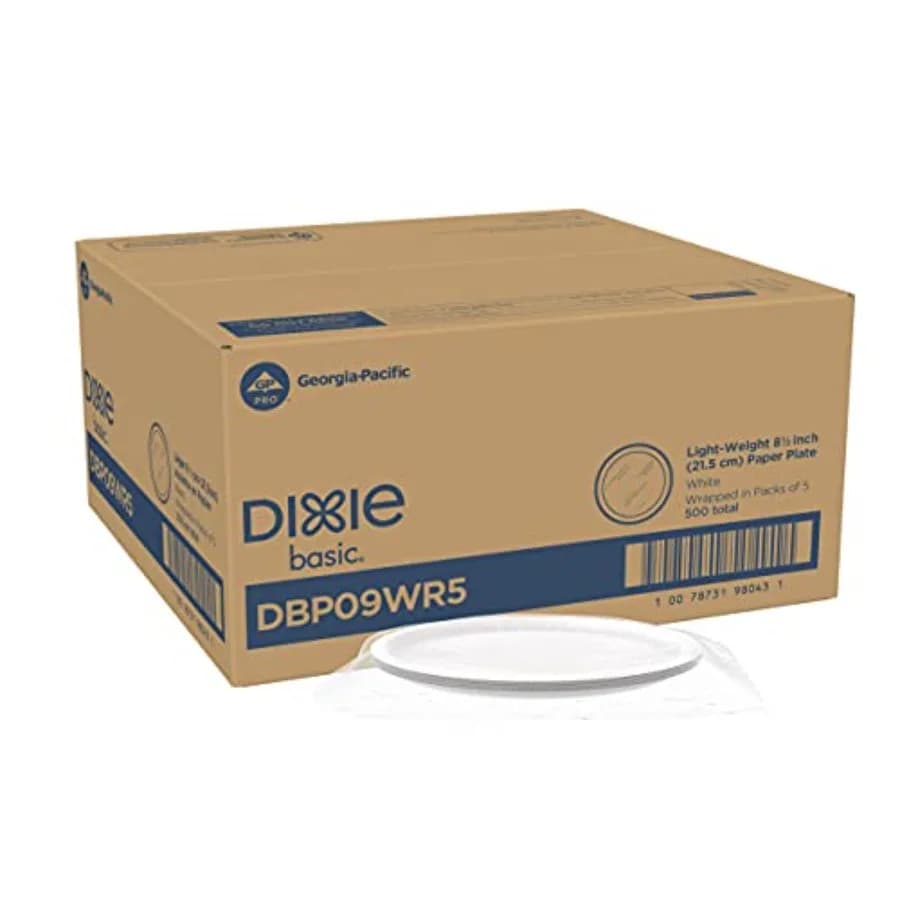 Dixie Basic 8.5" Wrapped Light-Weight Paper Plates by GP PRO,White, Wrapped in Packs of 5, DBP09WR5, 500 Plates Per Case