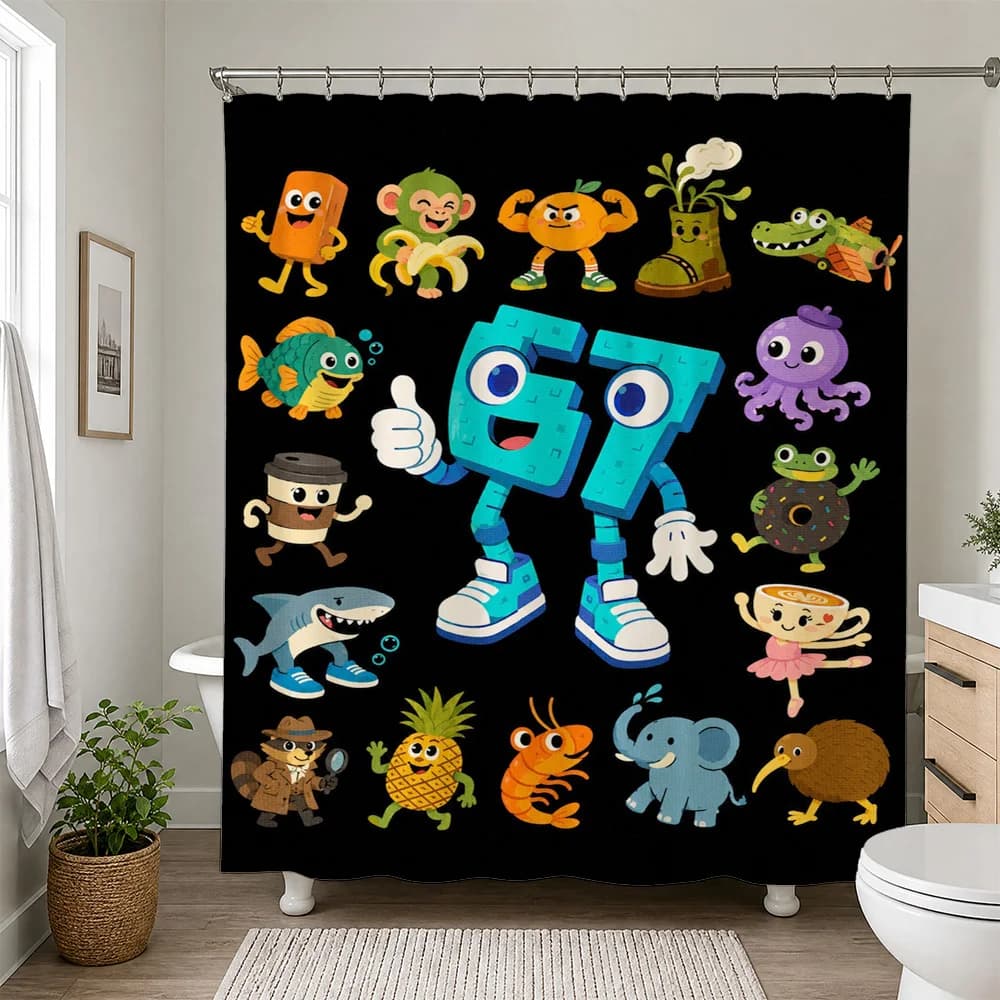 Fun Cartoon Numbers 6 and 7 Shower Curtain Kids Bathroom Decor Bright Colorful Novelty Shower Curtain
