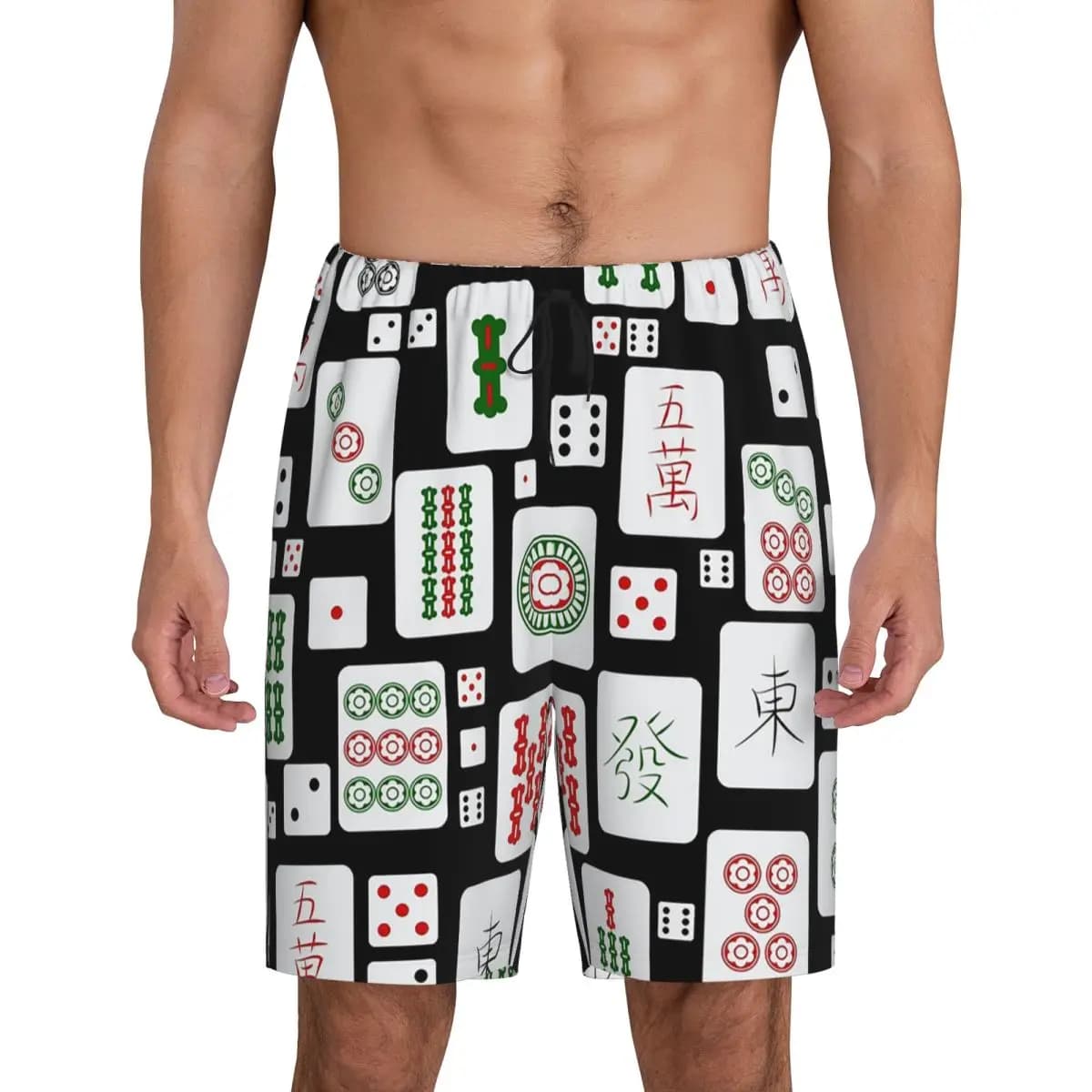 Pantaloncini Corti da Uomo Personalizzati con Motivo Mahjong, Pigiama, Pantaloncini da Notte, Pantaloncini per il Relax, Pantaloni da Notte