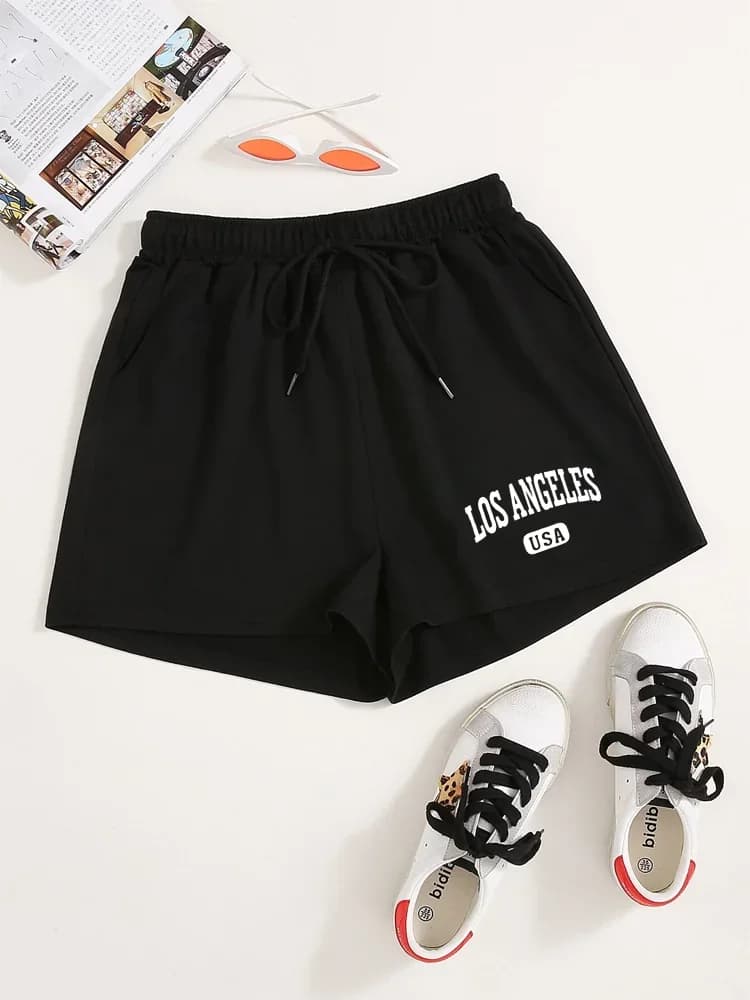 Los Angeles USA Letter Print Drawstring Shorts Casual Slant Pockets Shorts For Spring & Summer Women's Men's Oversize Clothing