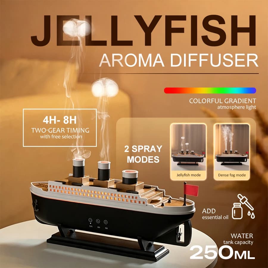Ship Aroma Diffuser, 7 Color Lights, 2 Timers, 2 Mist Modes (Jellyfish), Remote Control, Humidifier for Bedroom Living Room