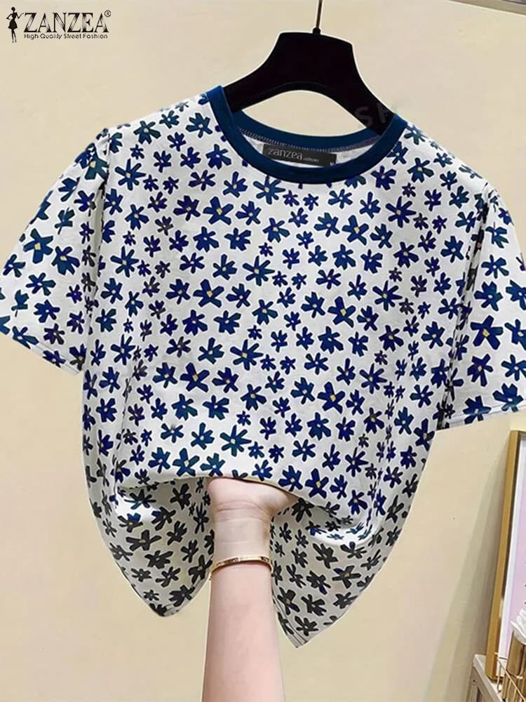 2025 Camicette floreali stampate estive ZANZEA Donna Casual Manica corta Vacanza Top Camicia moda O Collo Baggy Lavoro Blusas Oversize