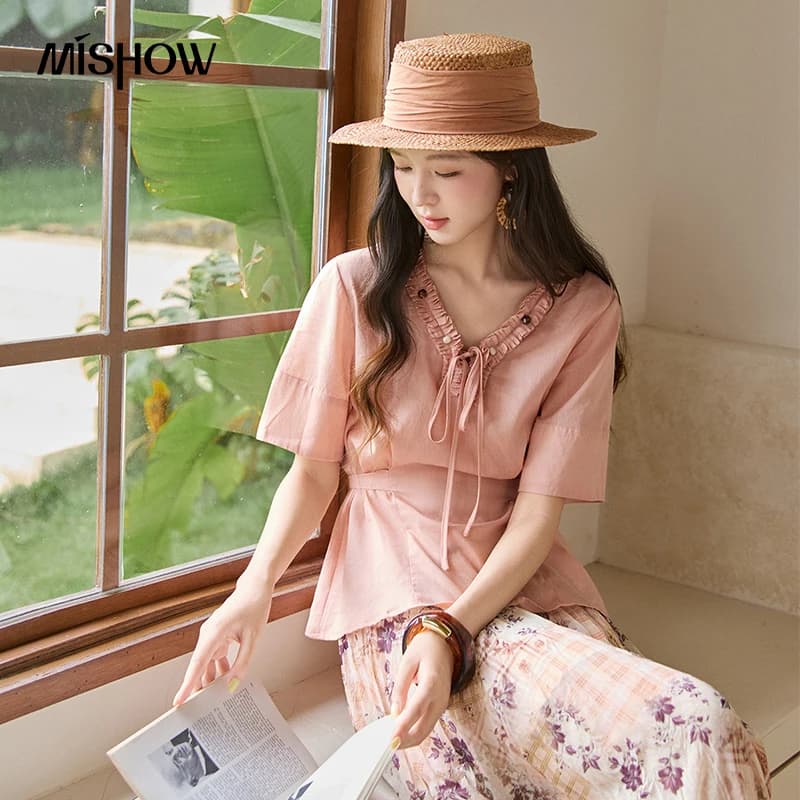 MISHOW Women's Ramie V Neck Blouse 2026 Summer French Ruffle Tie Front Blouses Solid Short Sleeve Waist Belt Slim Top MXF20X2738