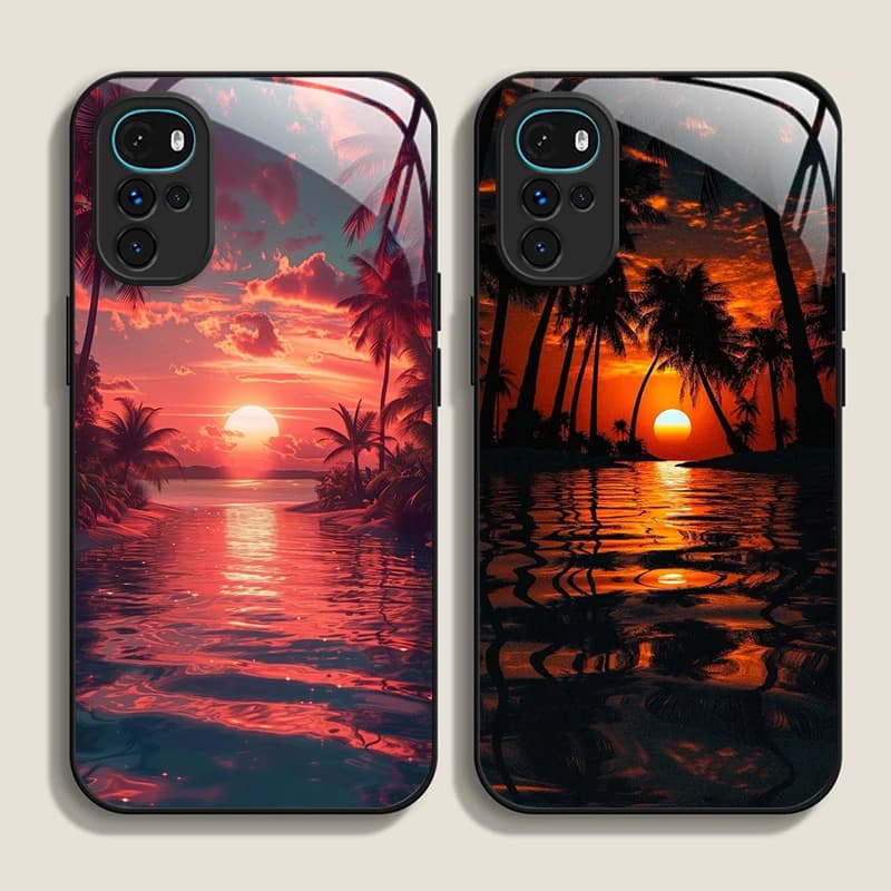 Cover per Telefono in Vetro Temperato con Paesaggio di Palme e Onde della Spiaggia al Tramonto per Motorola Moto G85 G84 Edge 50 Fusion 40 Neo 30 Pro
