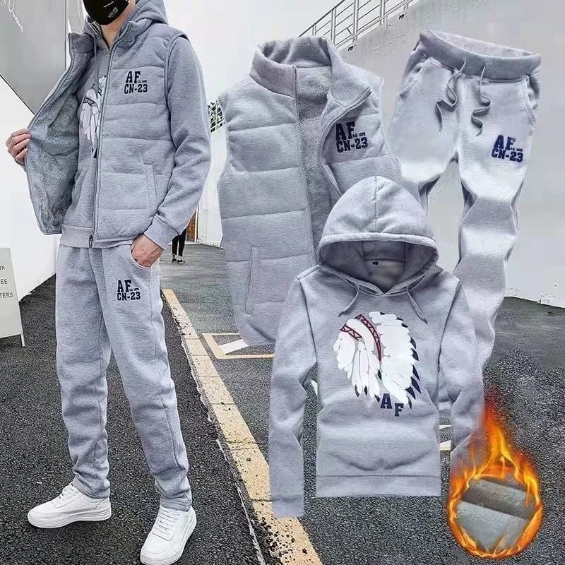 Set 3 Pezzi: Felpa con Cappuccio + Gilet + Pantaloni, Tuta Casual da Uomo, Abbigliamento Invernale Spesso e Caldo, Completo Stampato con Gilet
