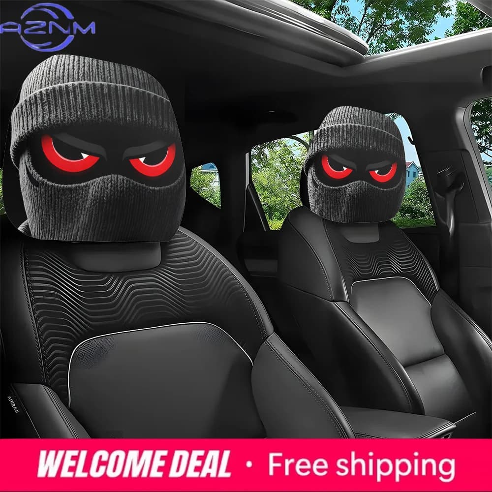 2Pcs Cool Ski Mask Red Eyes Print Car Headrest Covers, Universal Fit Auto Seat Protectors