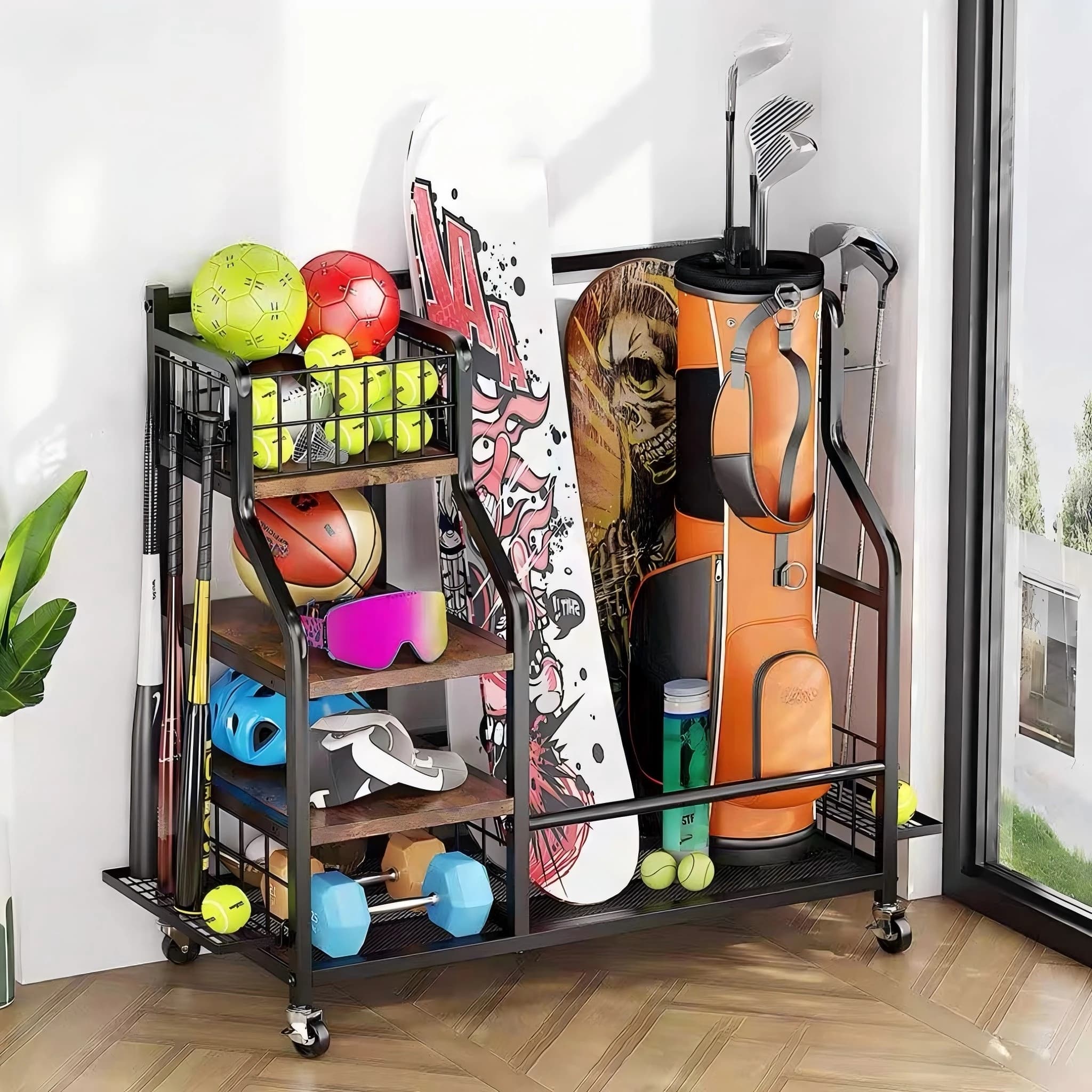 Scaffale Metallico Bifacciale YiSheng per Supermercati, Organizzatore per Attrezzature Sportive con Ganci per Palloni da Calcio e Racchette da Tennis