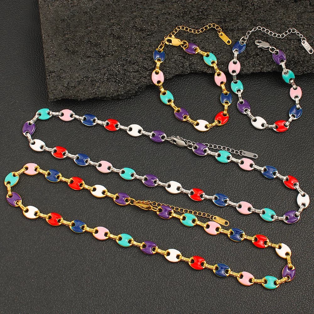 Set di gioielli con perline naso di maiale a goccia di olio arcobaleno Hip Hop Set di braccialetti con collana di chicchi di caffè in acciaio inossidabile placcato oro 18 carati