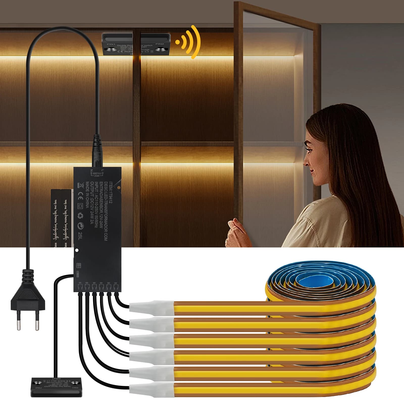 Smart Door Open Activated COB LED Cabinet Lighting System with Door Contact Sensor Driver for Cupboard Display Rack Closet