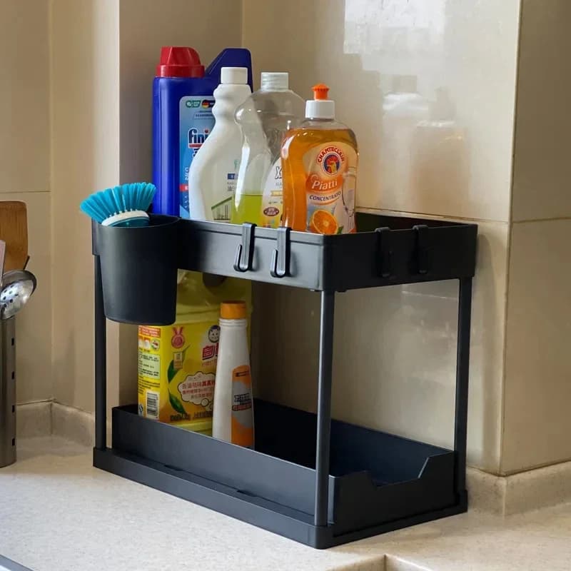 Double Tier Under Basin Sliding Storage Bin Practical Organizer Shelf Compact Structure For Daily Kitchen Bathroom Storage