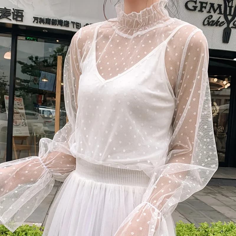 Camicette da donna in pizzo a rete Camicette eleganti con cuciture a sbuffo Camicette a maniche lunghe con collo alto a pois Camicie da donna da ufficio Top 2025